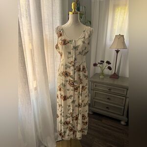 Yellow Vintage butter Cream Yellow button down floral print midi dress